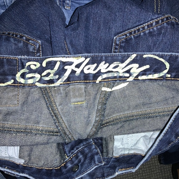 ED HARDY Denim C. AUDIGIER Button Fly Knee Pad Straight leg jeans Sz 33x 32 Y2K - Picture 12 of 14